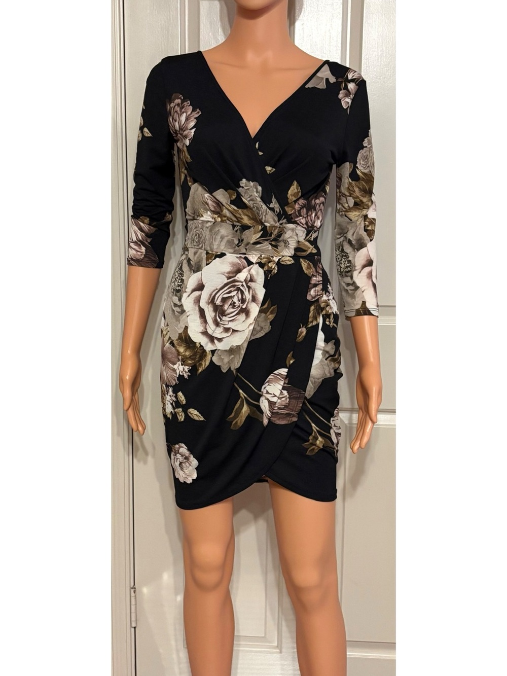 Olive Tree Black Floral Wrap Mini Dress with Rose Print